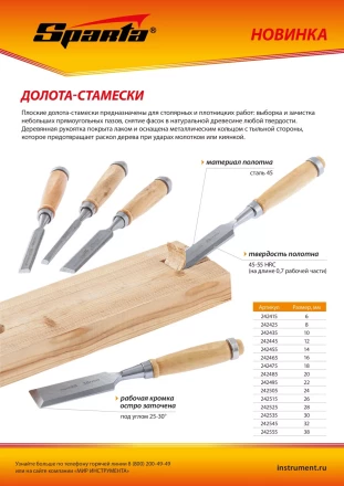 Долото-стамеска 24 мм, деревянная рукоятка Sparta 242505 купить в Урае