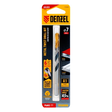 Сверло спиральное по металлу Denzel 7,0 x 109мм, Р6М5, Golden Tip, многогранная заточка 718280 купить в Урае
