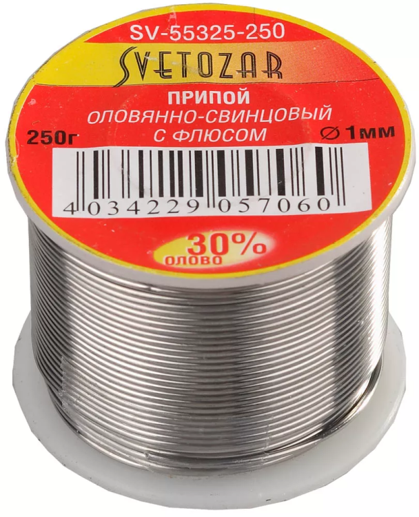 Припой СВЕТОЗАР оловянно-свинцовый, 30% Sn / 70% Pb, 250гр SV-55325-250 купить в Урае