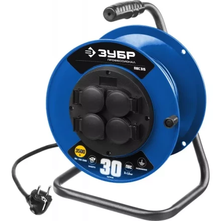 Удлинитель на катушке &quot;ПВС 315&quot;, 30 м, 3500 Вт, 4 гнезда, IP44, ПВС 3х1,5 кв мм, ЗУБР 55081-30 купить в Урае