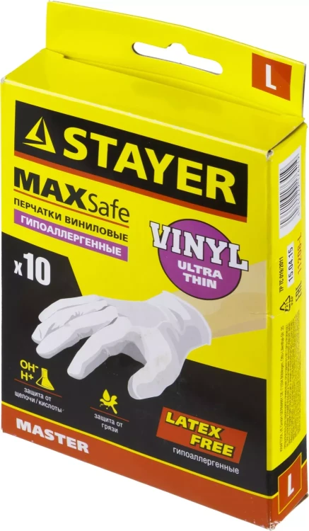 Перчатки STAYER "MASTER" виниловые экстратонкие, L, 10шт 11208-L купить в Урае