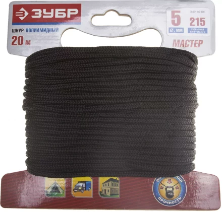 Шнур ЗУБР полиамидный, плетеный, повышенной нагрузки, без сердечника, черный, d 5, 20м 50321-05-020 купить в Урае