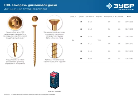 ЗУБР СПП, 60 х 3.2 мм, TX10, цинк, 100 шт, саморез для половой доски и паркета, Профессионал (30071-32-60) купить в Урае