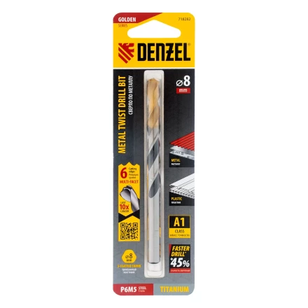 Сверло спиральное по металлу Denzel 8 x 117мм, Р6М5, Golden Tip, многогранная заточка, 718282 купить в Урае