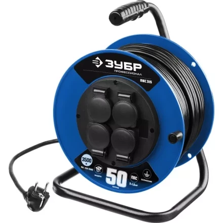 Удлинитель на катушке &quot;ПВС 315&quot;, 50 м, 3500 Вт, 4 гнезда, IP44, ПВС 3х1,5 кв мм, ЗУБР 55081-50 купить в Урае