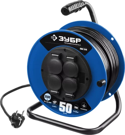 Удлинитель на катушке &quot;ПВС 315&quot;, 50 м, 3500 Вт, 4 гнезда, IP44, ПВС 3х1,5 кв мм, ЗУБР 55081-50 купить в Урае