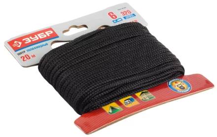 Шнур ЗУБР полиамидный, плетеный, повышенной нагрузки, без сердечника, черный, d 6, 20м 50321-06-020 купить в Урае