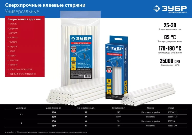 ЗУБР 11 х 200 мм, 12 шт, сверхпрочные прозрачные клеевые стержни, Профессионал (06856-12) купить в Урае