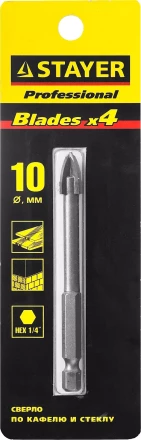 Сверло по кафелю, керамике, стеклу, с четырьмя режущими лезвиями, шестигранный хвостовик, 10 мм, STAYER &quot;PROFESSIONAL&quot; 2985-10 2985-10_z01 купить в Урае