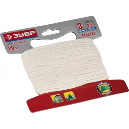 Шнур ЗУБР хлопковый плетеный, натуральный, без сердечника, d=3, 20 м, 25 кгс, 3,75 ктекс 50350-03-020 купить в Урае