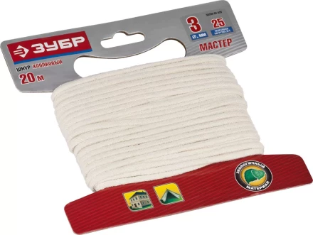 Шнур ЗУБР хлопковый плетеный, натуральный, без сердечника, d=3, 20 м, 25 кгс, 3,75 ктекс 50350-03-020 купить в Урае