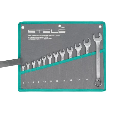 Набор ключей комбинированных Stels 15421, 6-22 мм, 12 шт, CrV, матовый хром купить в Урае