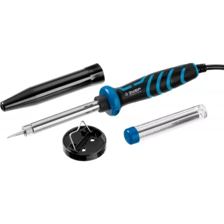 Паяльник ЗУБР &quot;ПРОФЕССИОНАЛ&quot; с двухкомпонентной рукояткой и защитным колпачком в наборе с припоем и подставкой, 40Вт, конус 55402-40_z01 купить в Урае