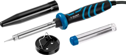 Паяльник ЗУБР &quot;ПРОФЕССИОНАЛ&quot; с двухкомпонентной рукояткой и защитным колпачком в наборе с припоем и подставкой, 40Вт, конус 55402-40_z01 купить в Урае