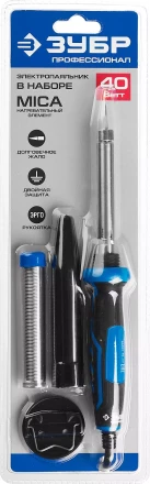 Паяльник ЗУБР &quot;ПРОФЕССИОНАЛ&quot; с двухкомпонентной рукояткой и защитным колпачком в наборе с припоем и подставкой, 40Вт, конус 55402-40_z01 купить в Урае