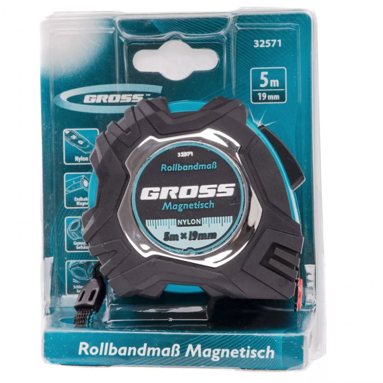 Рулетка Magnetisch 5 м х 19 мм обрезиненный корпус автоматическая фиксация Нейлоновое покрытиеытие зацеп с магнитом Gross 32571 купить в Урае