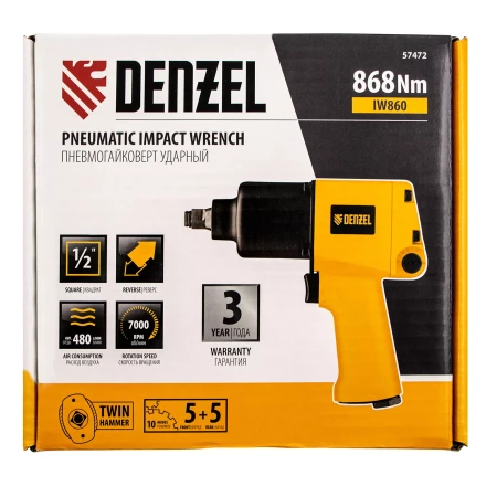 Ударный пневмогайковерт IW860, 1/2", 7000 об/мин, 868 Нм Denzel 57472 купить в Урае