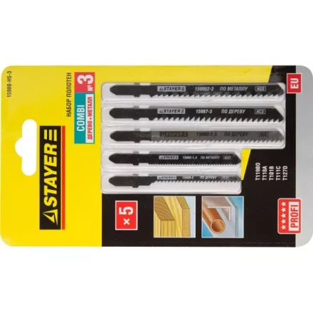 Набор STAYER &quot;PROFI&quot; Пилки &quot;УНИВЕРСАЛ №3&quot; для эл/лобзика, по дереву, мет. и пласт., EU-хвост., 5шт 15980-H5-3 купить в Урае