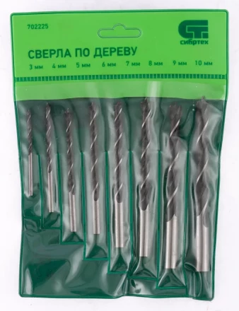 Набор сверл по дереву 3-4-5-6-7-8-9-10 мм 8 штук цилиндрический хвостовик СИБРТЕХ 702225 купить в Урае