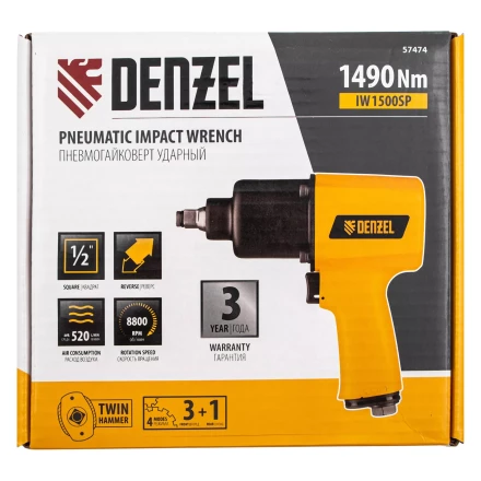 Ударный пневмогайковерт IW1500SP, 1/2", 8800 об/мин, 1490 Нм Denzel 57474 купить в Урае