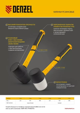 Киянка резиновая, 225 г, черно-белая, фибергласовая рукоятка c TPR покрытием Denzel 11101 купить в Урае