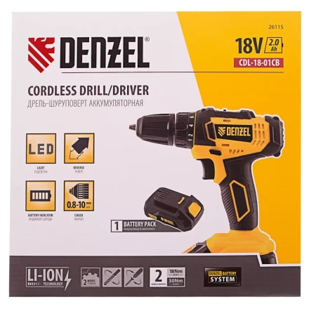 Дрель-шуруповерт аккумуляторная Denzel 26115, CDL-18-01CB, Li-Ion, 18 В, 1 аккумулятор купить в Урае