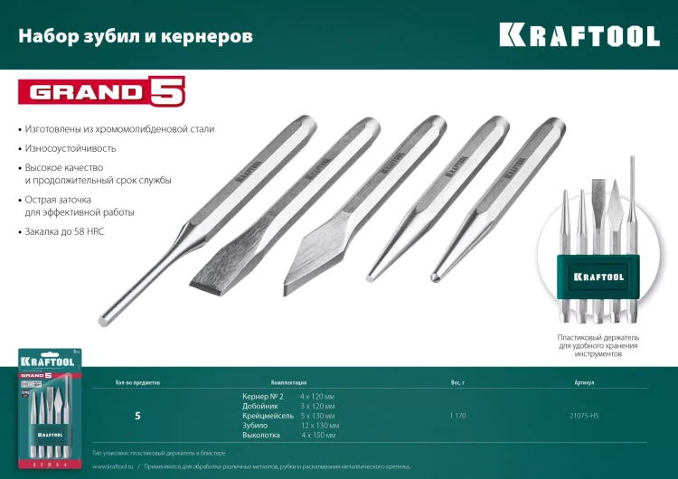 Наборы зубил и кернеров GRAND 21075-H5 купить в Урае