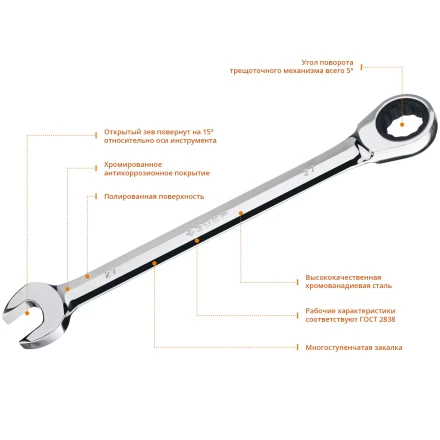 ЗУБР 27 мм, комбинированный трещоточный гаечный ключ, Профессионал (27074-27) купить в Урае