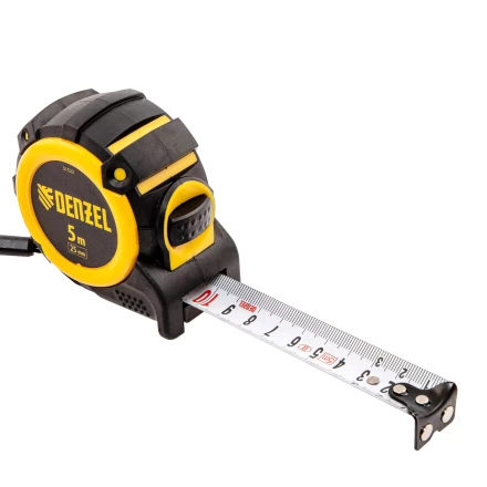 Рулетка Denzel 5м х 25мм, автоматич. фиксац., нейлон. покрытие, магнит. зацеп, двухстор. разметка 31522 купить в Урае