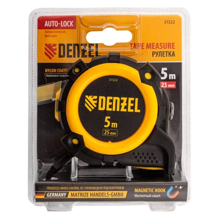 Рулетка Denzel 5м х 25мм, автоматич. фиксац., нейлон. покрытие, магнит. зацеп, двухстор. разметка 31522 купить в Урае