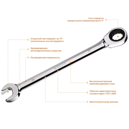 ЗУБР 30 мм, комбинированный трещоточный гаечный ключ, Профессионал (27074-30) купить в Урае