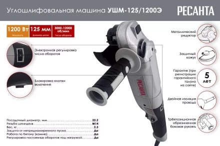 Углошлифовальная машина (болгарка) Ресанта УШМ-125/1200Э 75/12/4 купить в Урае