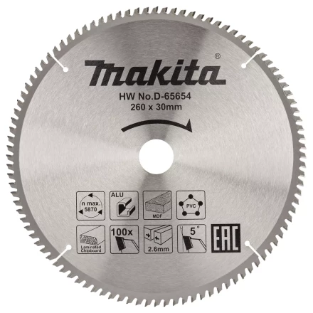 Диск пильный универсальный для алюминия/дерева/пластика Makita D-65654, 260x30x1.8 мм; 100 зубьев купить в Урае