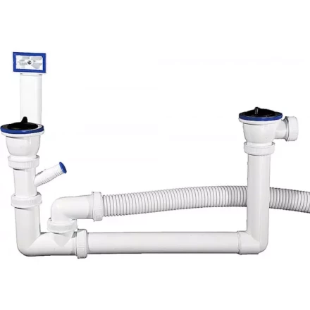 Сифон ЗУБР &quot;МАСТЕР&quot; колбовый для двухместной мойки, выпуск - нержавеющая чашка, перелив, отвод для стиральной машины 51867-2 купить в Урае