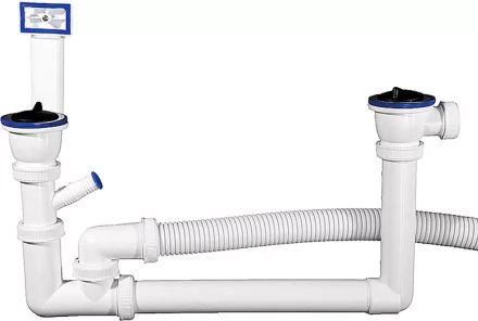 Сифон ЗУБР &quot;МАСТЕР&quot; колбовый для двухместной мойки, выпуск - нержавеющая чашка, перелив, отвод для стиральной машины 51867-2 купить в Урае