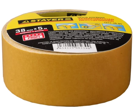 Двухсторонняя клейкая лента на тканевой основе, STAYER Profi 1217-38-05, 38мм х 5м 1217-38-05 купить в Урае