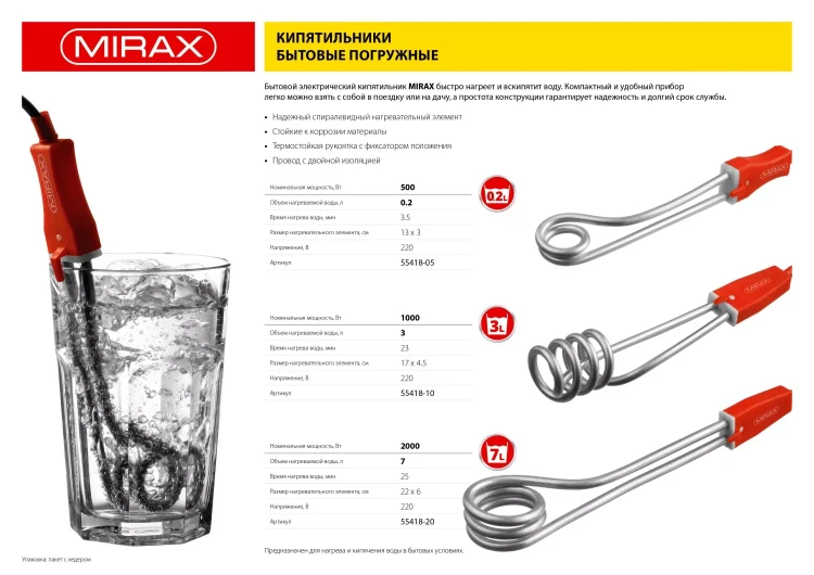 Кипятильник MIRAX, 500 Вт, 220В 55418-05 купить в Урае