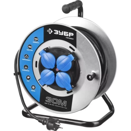 Удлинитель ЗУБР &quot;ПРОФИ&quot; на металл катушке, КГ 3х1,5кв мм, морозостойкий, 4 гнезда, IP44, макс мощность 3500Вт, 30м 55085-30 купить в Урае