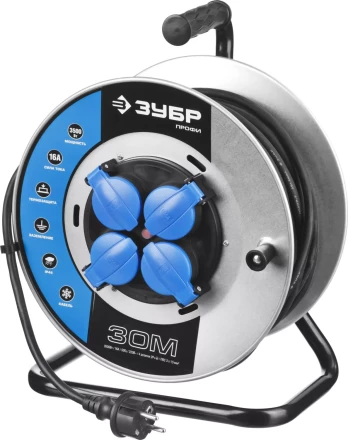 Удлинитель ЗУБР &quot;ПРОФИ&quot; на металл катушке, КГ 3х1,5кв мм, морозостойкий, 4 гнезда, IP44, макс мощность 3500Вт, 30м 55085-30 купить в Урае