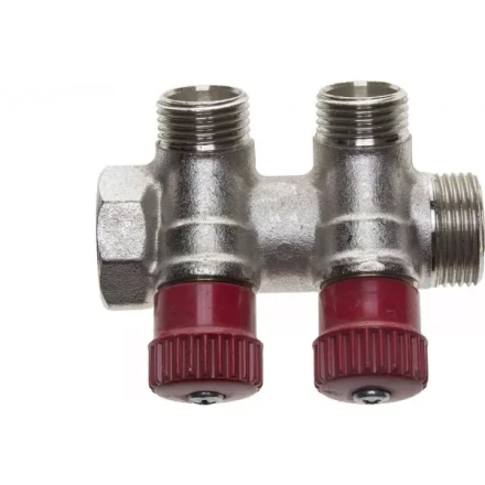 Коллектор GENERAL FITTINGS для горячей воды, вентили, никелированная латунь, вход 3/4&quot; - 2 выхода 1/2&quot; 51046-3/4-1/2-HT2 купить в Урае