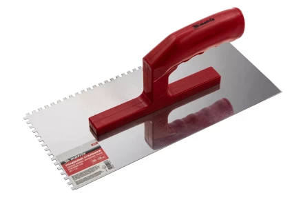 Гладилка из нержавеющей стали, 280 х 130 мм, зеркальная полировка, пластмассовая ручка, зуб 4 х 4 мм Matrix 86780 купить в Урае