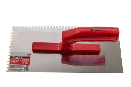 Гладилка из нержавеющей стали, 280 х 130 мм, зеркальная полировка, пластмассовая ручка, зуб 4 х 4 мм Matrix 86780 купить в Урае