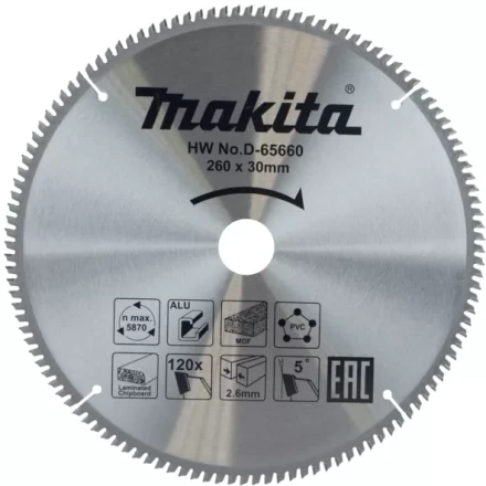 Диск пильный универсальный для алюминия/дерева/пластика Makita D-65660, 260x30x1.8 мм; 120 зубьев купить в Урае