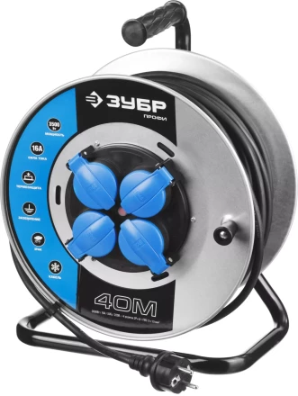 Удлинитель ЗУБР &quot;ПРОФИ&quot; на металл катушке, КГ 3х1,5кв мм, морозостойкий, 4 гнезда, IP44, макс мощность 3500Вт, 40м 55085-40 купить в Урае