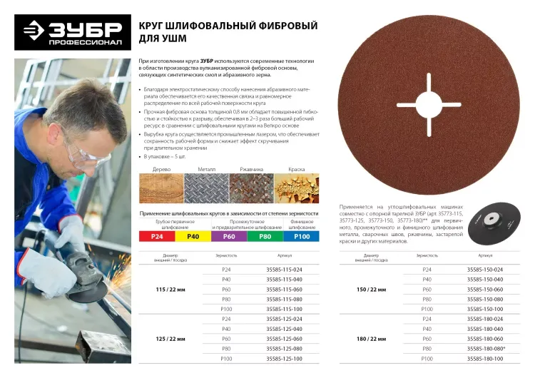 Круг шлифовальный ЗУБР "ПРОФИ" фибровый, для УШМ, P80, 125х22мм, 5 листов 35585-125-080 купить в Урае