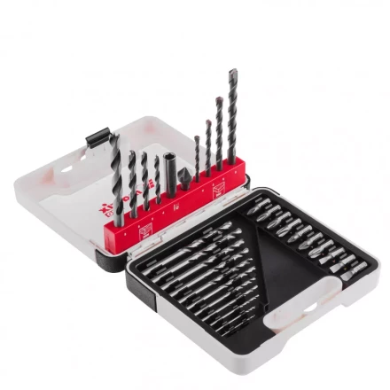 Набор сверл комбинированный сверла по металлу 1-6 мм бетону 4-8 мм дереву 4-8 мм биты 10 шт адаптер зенковка 31 предмет Pro Matrix 725631 купить в Урае