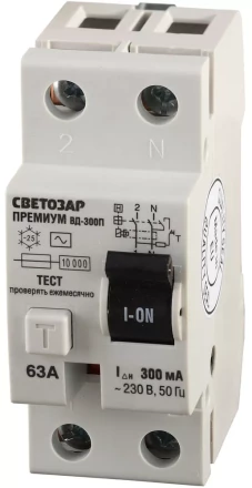 Выключатель дифференциальный &quot;УЗО&quot; СВЕТОЗАР &quot;ПРЕМИУМ&quot;, 2-полюсный, 63 A, &quot;AC&quot;, откл.диф.ток. 300 мА, 230 В SV-49132-300-63 купить в Урае