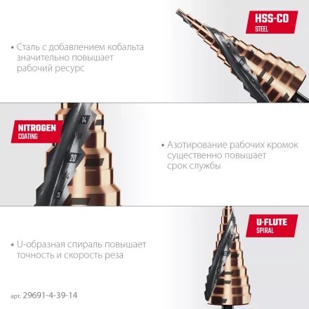 Ступенчатые сверла, сталь c кобальтом, спиральная проточка, 3Т хвостовик 29691-4-39-14 купить в Урае