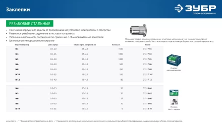 ЗУБР М6, станд. бортик, 15 шт, стальные резьбовые заклепки с насечками, Профессионал (31318-06) купить в Урае