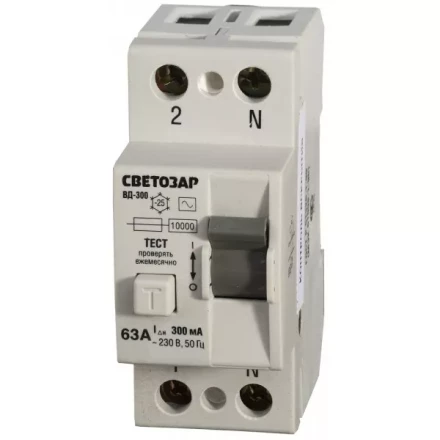 Выключатель дифференциальный &quot;УЗО&quot; СВЕТОЗАР, 2-полюсный, 63 A, &quot;AC&quot;, откл.диф.ток. 300 мА, 230 В SV-49172-300-63 купить в Урае